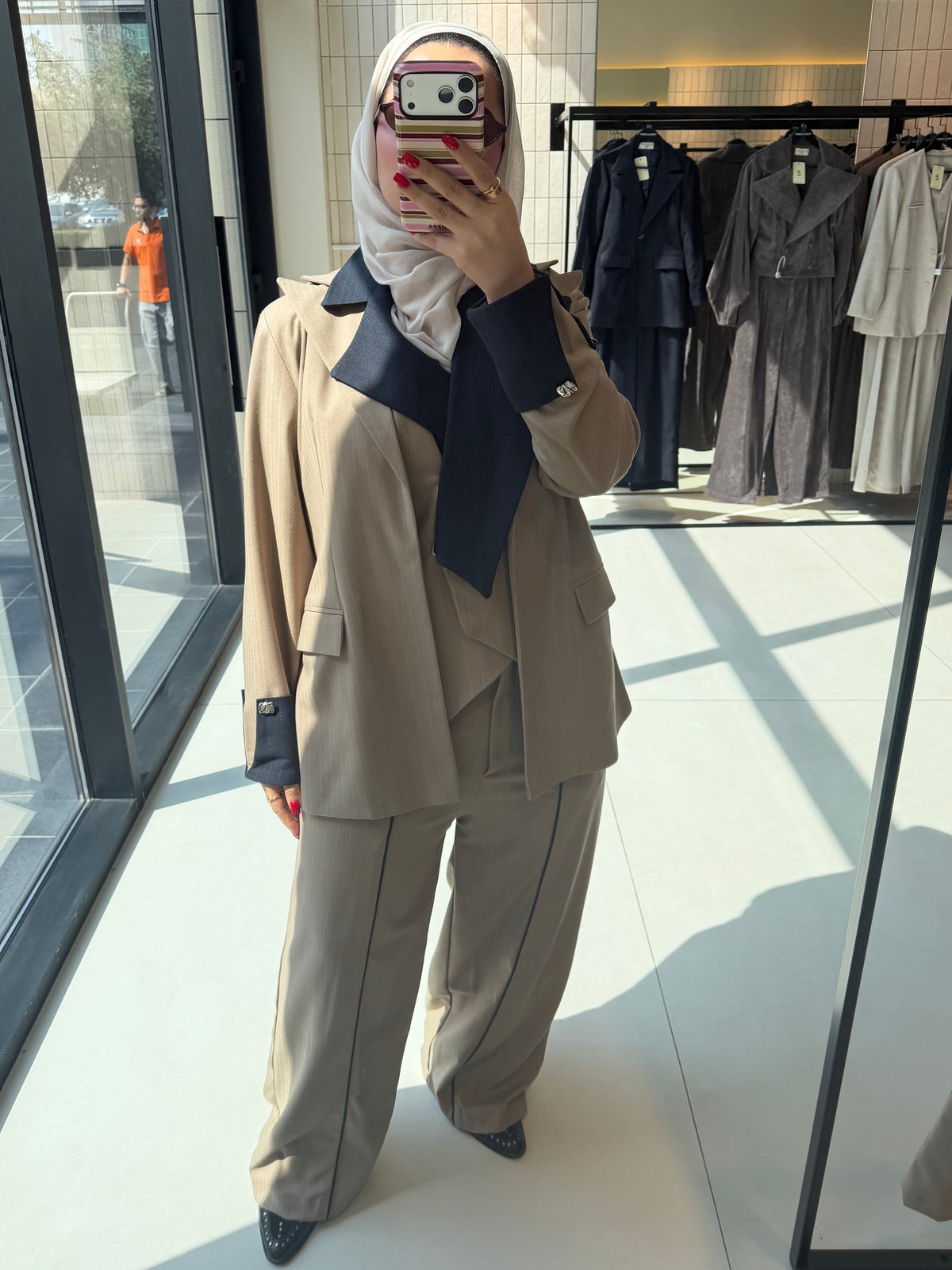 Classic beige suit navy touch