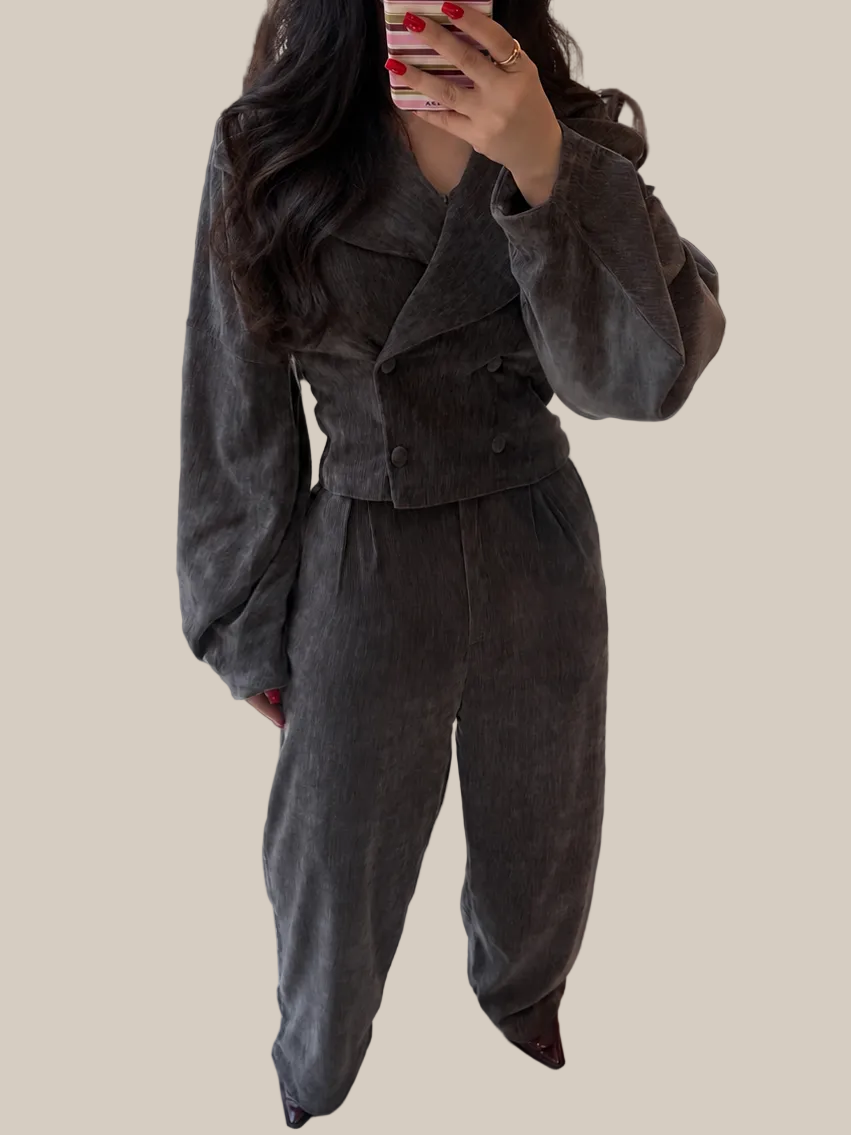 GRAY VELVET CROPPED SET