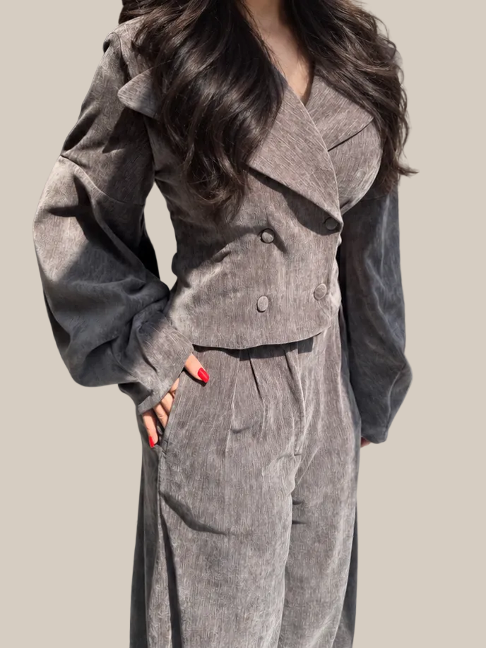 GRAY VELVET CROPPED SET