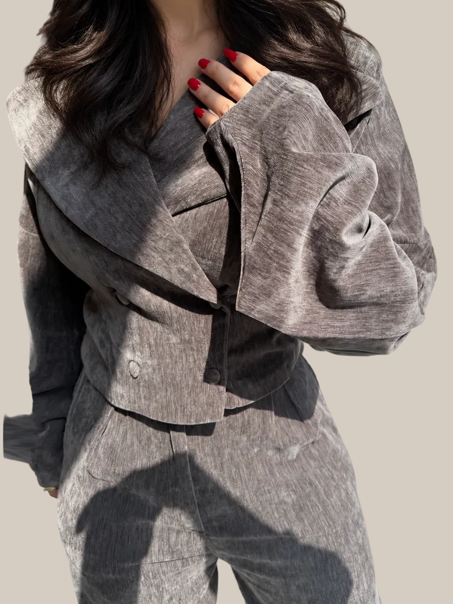 GRAY VELVET CROPPED SET